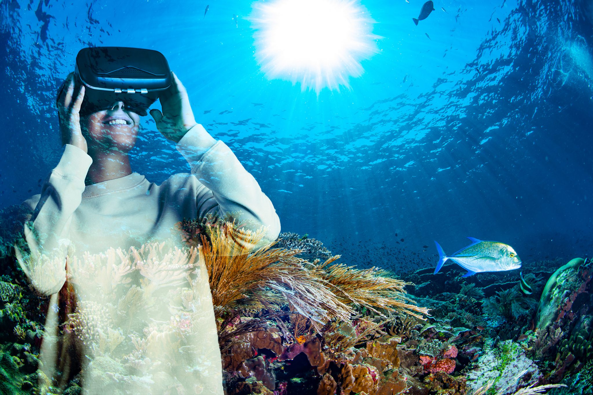 Virtual scuba diving A diver enjoying a virtual reality scuba dive which is one way how to get over a fear of scuba diving in exposure therapy